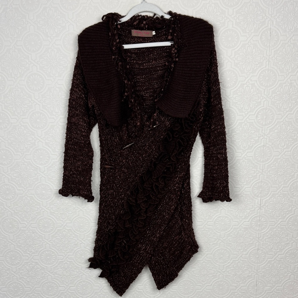 Pretty Angel Brown Knit Cardigan Sweater Medium Boho Ruffle Asymmetrical‎ Witchy